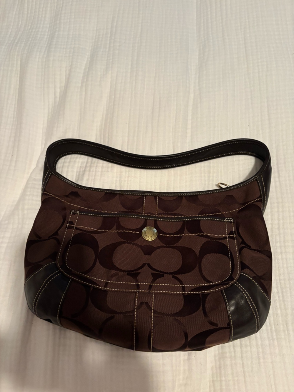 Coach Brown Signature Jacquard Hobo with Dark Leather Trim